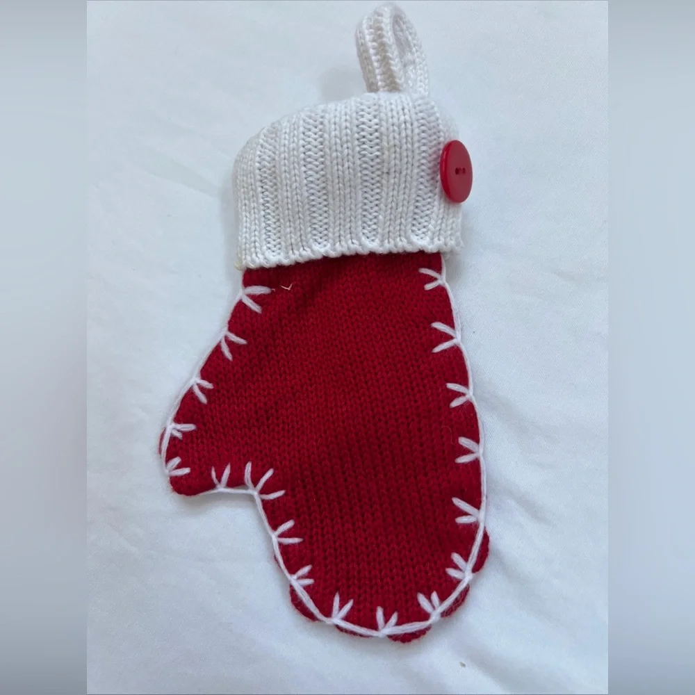 Christmas Mittens Ornaments (2) 1 Knit + 1 Stone Clay Hanging Decorated Vintage
